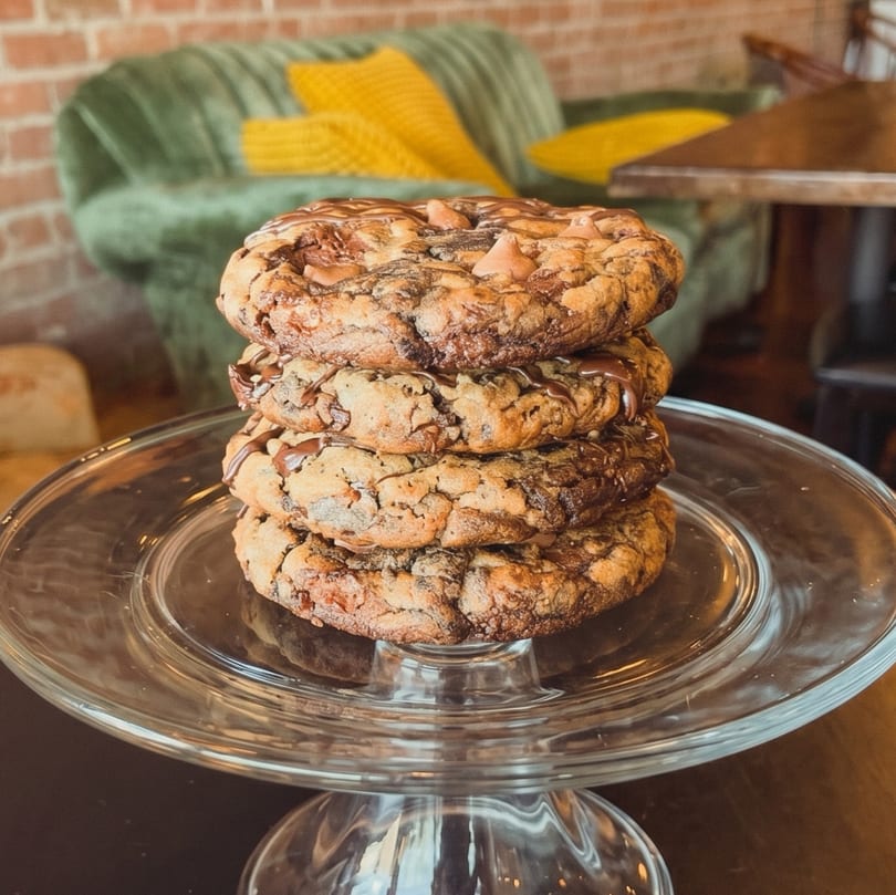 Stack of four chocolate chip cookies with drizzle on a glass stand, with a green couch in the background.
