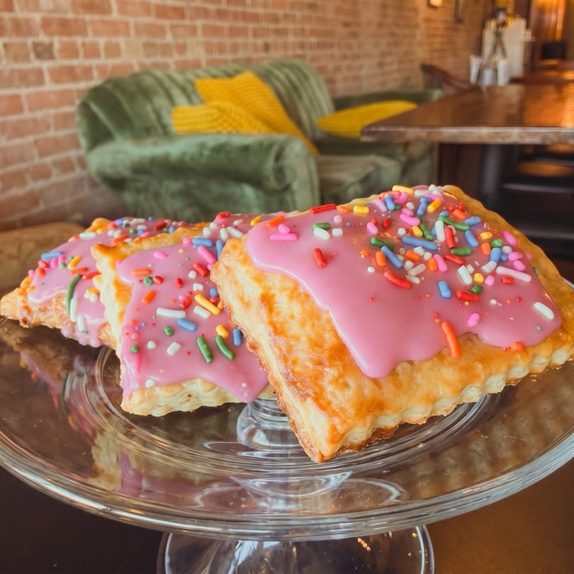 Three pastries with pink icing and colorful sprinkles on a glass cake stand in a cafe setting.